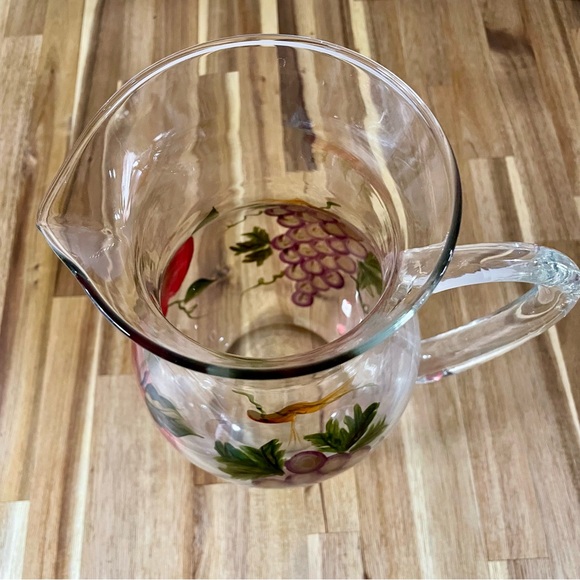 Hand Painted Fruit Clear Glass Pitcher Carafe Grapes Apples Elegant Farmhouse - Picture 7 of 12